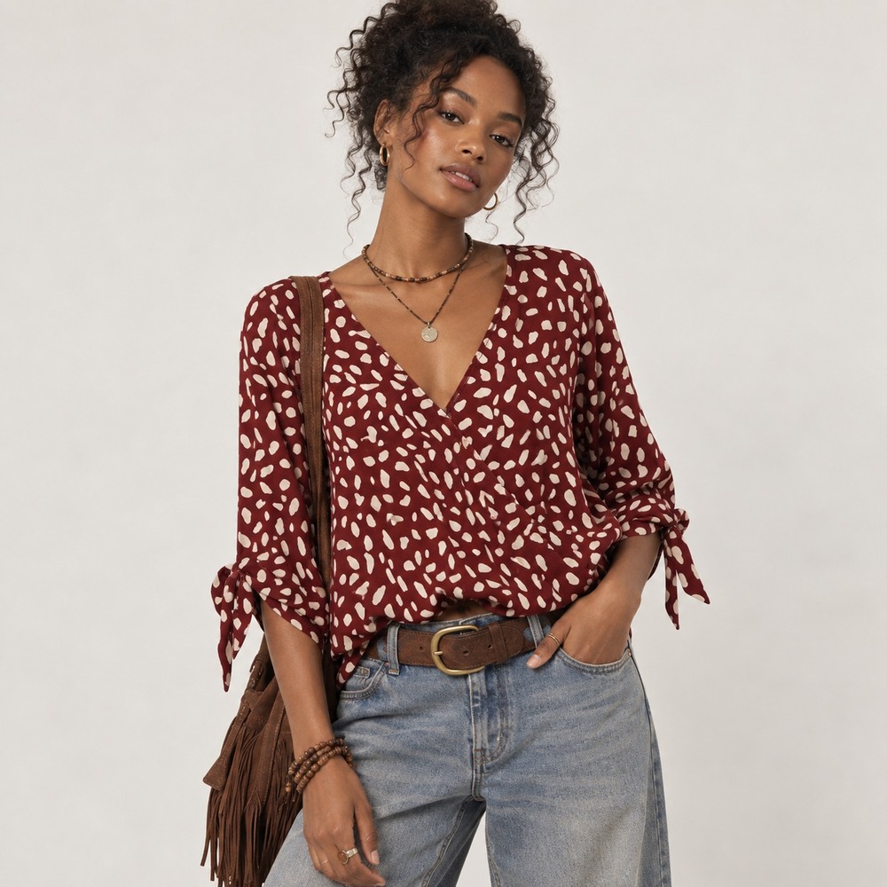 West K Womens Abstract Print V-Neck Blouse Tie Cuff Boho TU37491 Burgundy XS